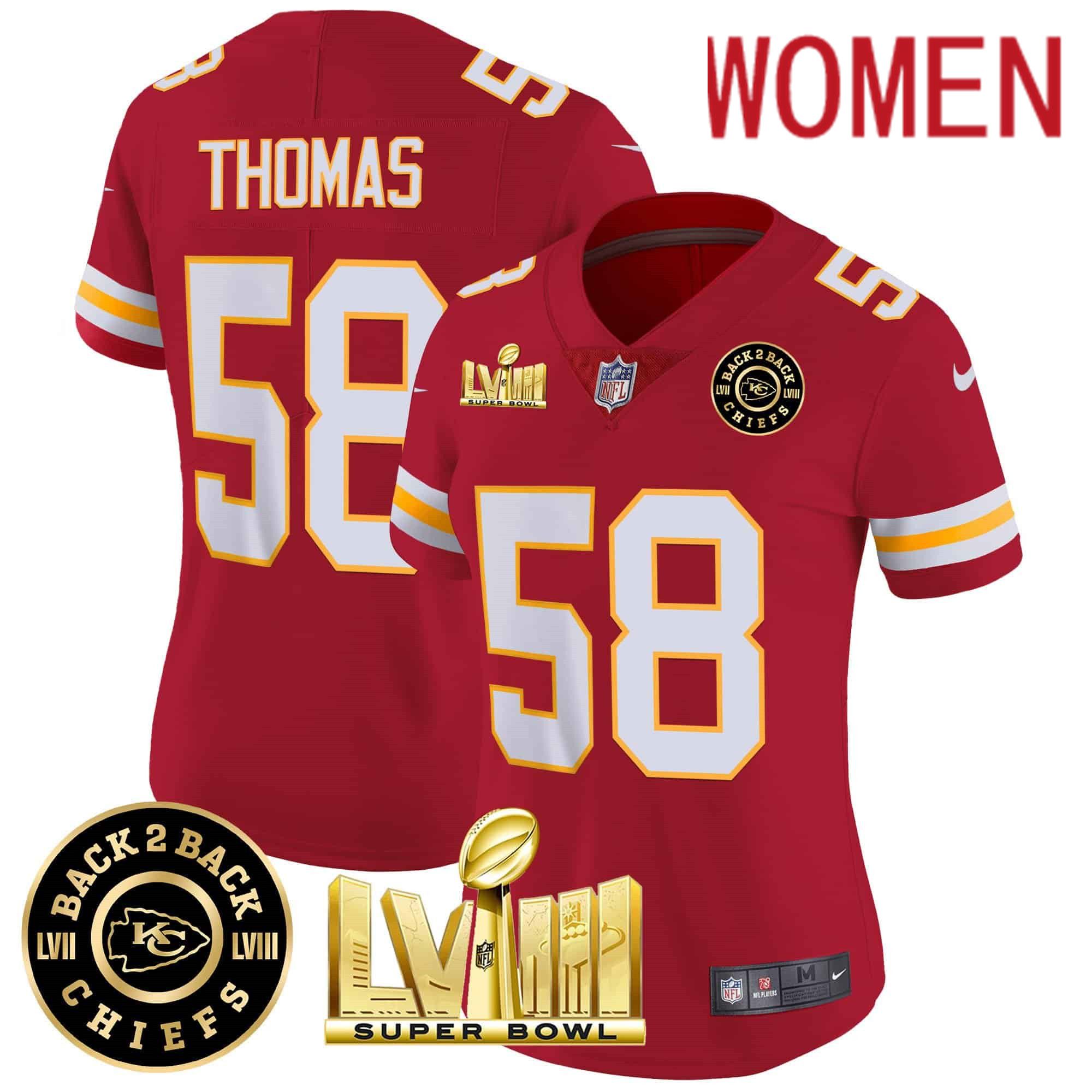 Women Kansas City Chiefs #58 Thomas Red 2024 Nike Super Bowl LVIII & Back-2-Back Patch Vapor NFL Jersey style 3->women nfl jersey->Women Jersey